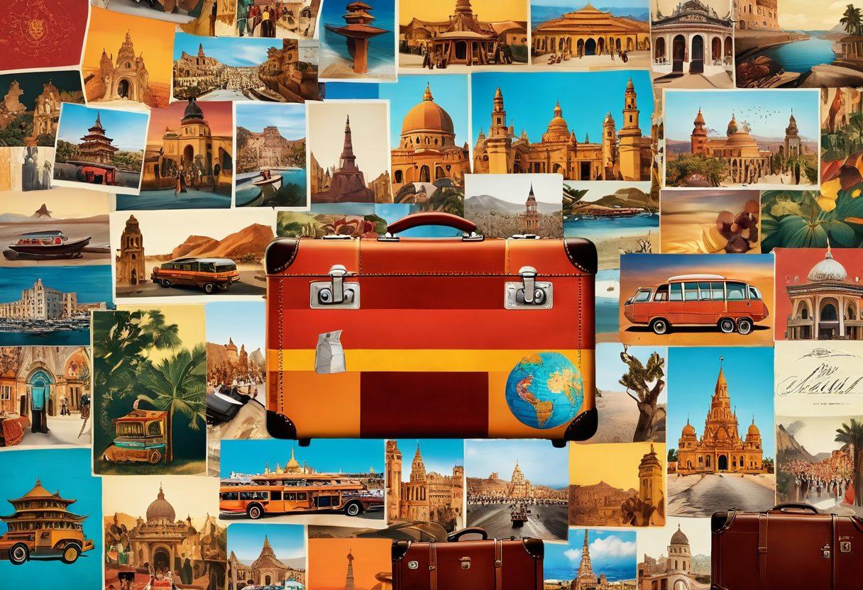 A travel-themed collage featuring exotic locales, unique cultural experiences, and hidden gems around the world, including a vibrant street market, stunning landscapes, and local artisans at work. Integrate elements like a vintage suitcase, a globe, and postcards to evoke wanderlust. The overall ambiance should be warm and inviting, capturing the essence of unique travel experiences. colorful illustration. rich details. warm tones.