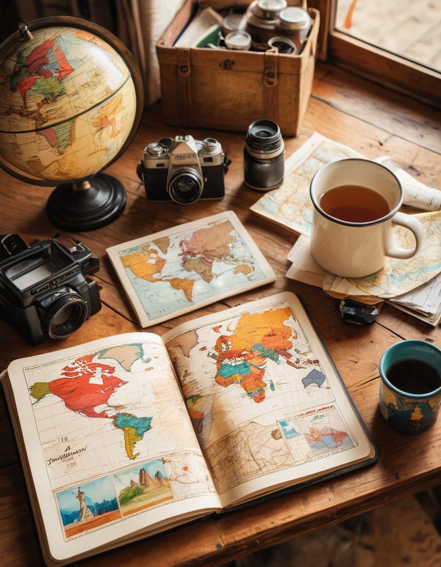 An open travel journal on a rustic wooden table, filled with colorful sketches of various landmarks, maps, and packing lists, surrounded by travel essentials like a globe, vintage camera, and travel mugs. Soft sunlight casts warm tones over the scene, evoking a sense of adventure and exploration. super-realistic. warm colors. vibrant elements.