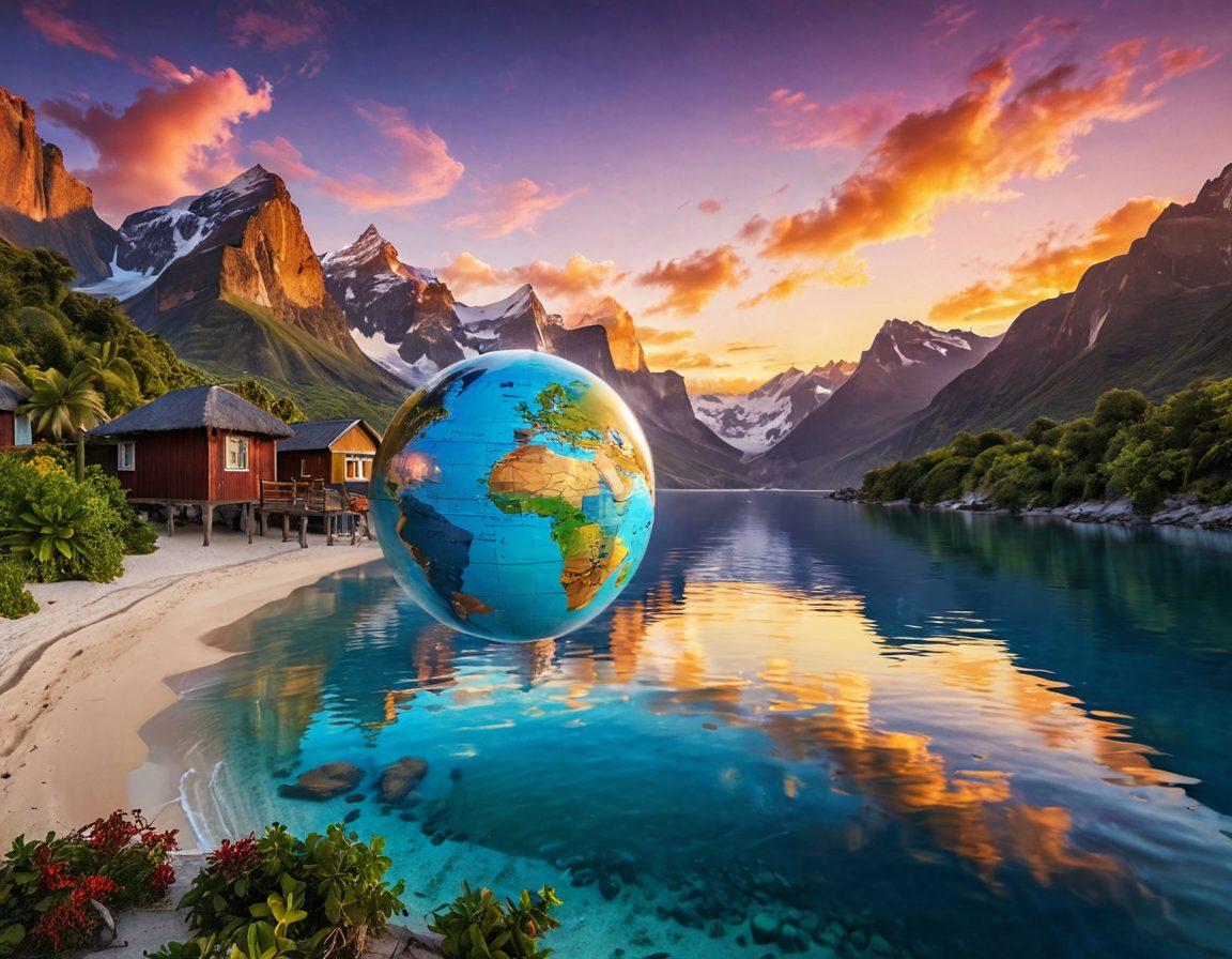 A breathtaking landscape showcasing a diverse range of travel destinations, from the serene beaches of the Maldives to the majestic mountains of the Swiss Alps, intertwined with a globe and travel itinerary notes scattered artfully around. Include adventurous travelers exploring each destination, with a warm sunset in the background that symbolizes wanderlust and exploration. bright colors. vibrant style. 3D.